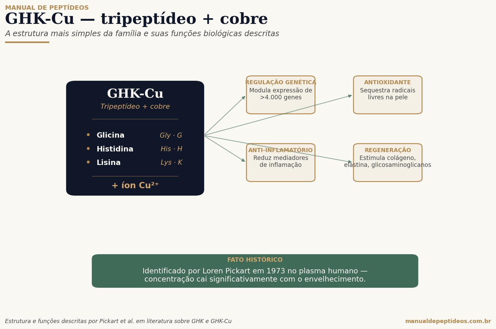 Diagrama da estrutura do GHK-Cu mostrando os três aminoácidos (glicina, histidina, lisina) ligados ao íon de cobre, com as quatro funções principais: regulação genética, anti-inflamatório, antioxidante e regeneração da matriz extracelular.
