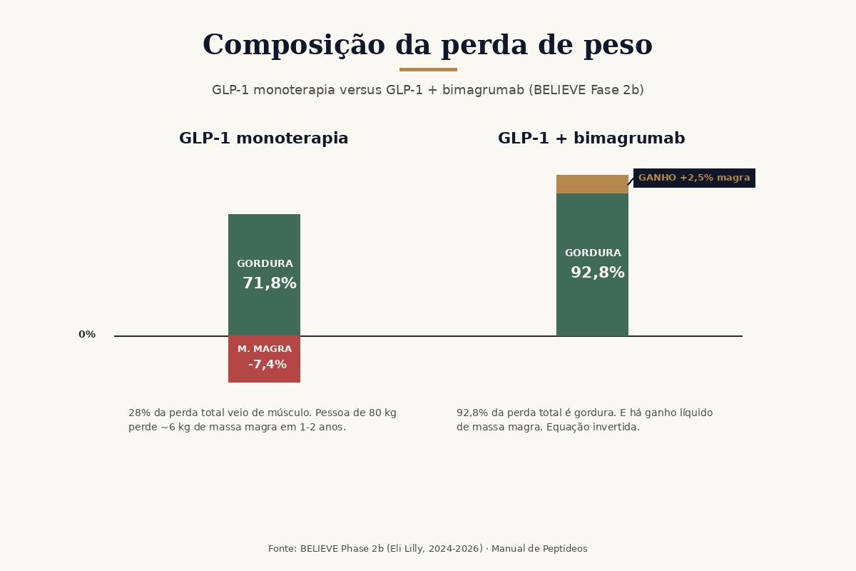 Diagrama comparativo da composição da perda de peso: à esquerda, GLP-1 em monoterapia, com 71,8% da perda vindo de gordura e 28,2% de massa magra; à direita, GLP-1 combinado com bimagrumab, com 92,8% da perda vindo de gordura e ganho de 2,5% de massa magra. Setas azuis indicam composição da perda, escala em porcentagem do peso corporal.